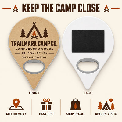 Campground Souvenir custom logo bottle opener magnet - front and back of the opener magnet