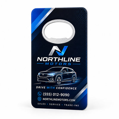 Car Dealership Promotional custom logo bottle opener magnet - front view of the printed promotional magnet