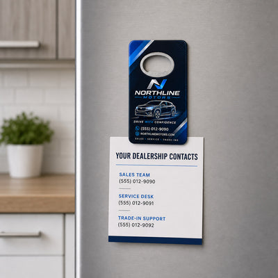 Car Dealership Promotional custom logo bottle opener magnet - held on a refrigerator door by its magnetic back