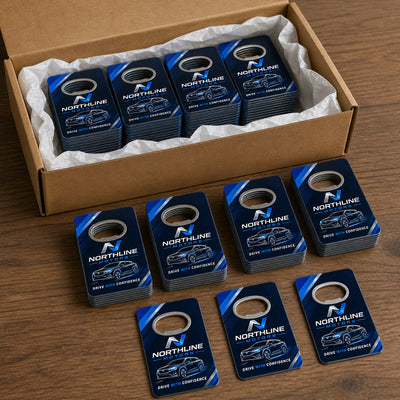 Car Dealership Promotional custom logo bottle opener magnet - bulk order laid out before packing