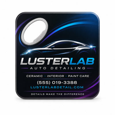 Car Detailing Logo custom logo bottle opener magnet - front view of the printed promotional magnet