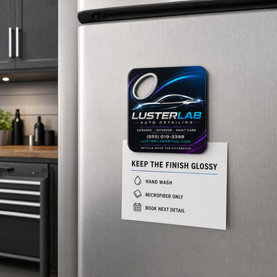 Car Detailing Logo custom logo bottle opener magnet - held on a refrigerator door by its magnetic back