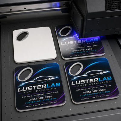 Car Detailing Logo custom logo bottle opener magnet - close-up of the UV printed logo