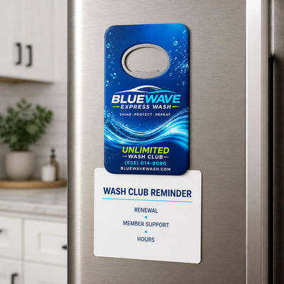 Car Wash custom logo bottle opener magnet - held on a refrigerator door by its magnetic back