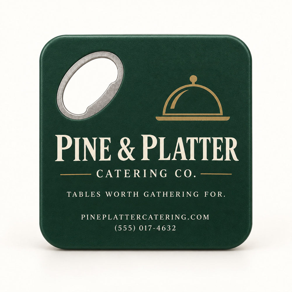 Catering Company Logo custom logo bottle opener magnet - front view of the printed promotional magnet