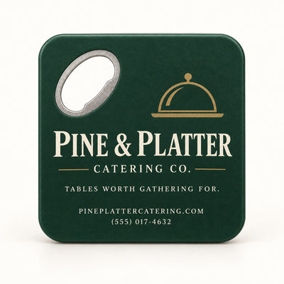 Catering Company Logo custom logo bottle opener magnet - front view of the printed promotional magnet