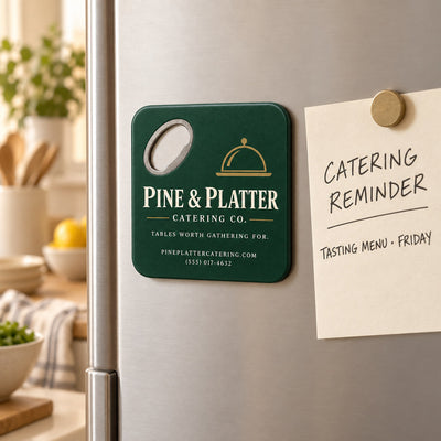 Catering Company Logo custom logo bottle opener magnet - held on a refrigerator door by its magnetic back