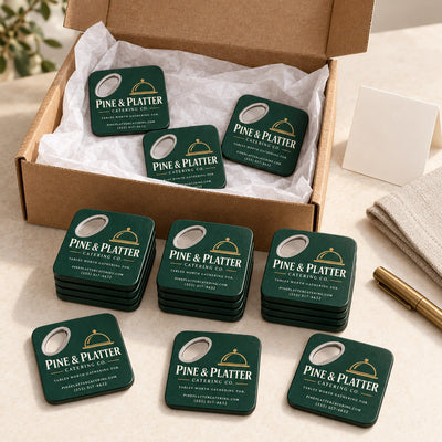 Catering Company Logo custom logo bottle opener magnet - bulk order laid out before packing