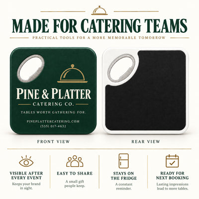 Catering Company Logo custom logo bottle opener magnet - front and back of the opener magnet