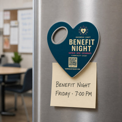 Charity Event custom logo bottle opener magnet - kept on a refrigerator door as a reminder