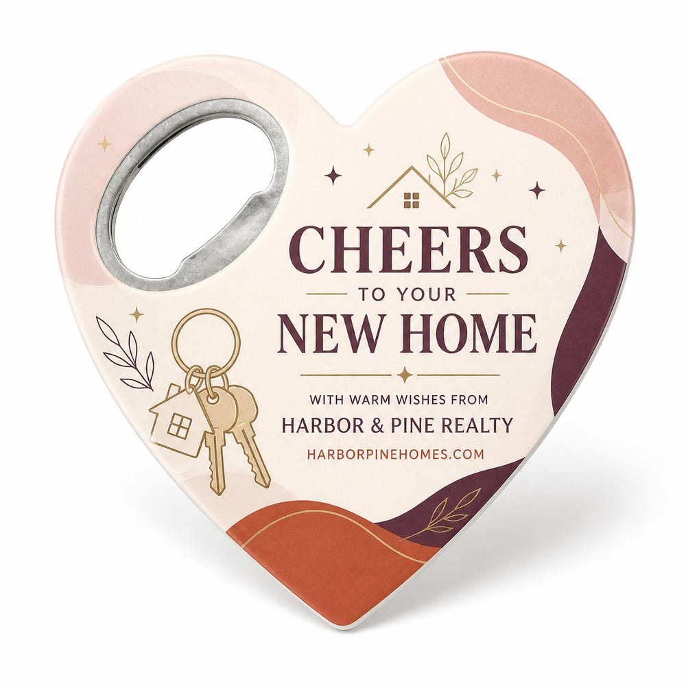 Cheers to Your New Home custom logo bottle opener magnet - front view of the printed promotional magnet