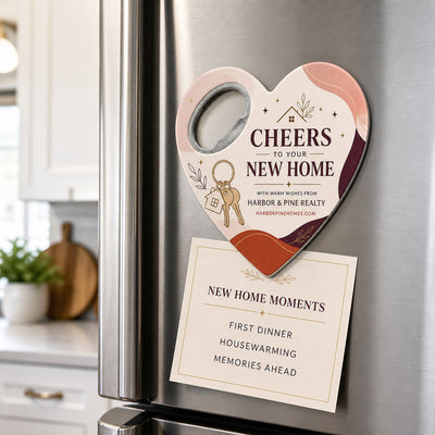 Cheers to Your New Home custom logo bottle opener magnet - held on a refrigerator door by its magnetic back