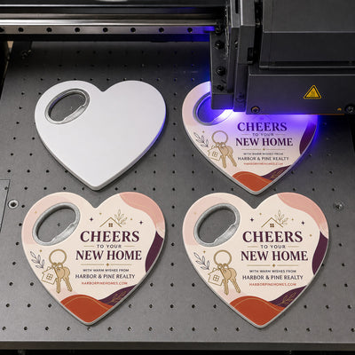 Cheers to Your New Home custom logo bottle opener magnet - close-up of the UV printed logo