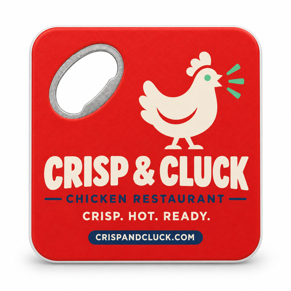 Chicken Restaurant custom logo bottle opener magnet - front view of the printed promotional magnet