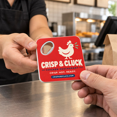 Chicken Restaurant custom logo bottle opener magnet - handed to a customer