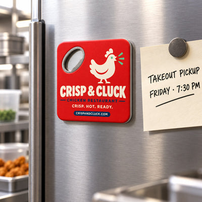Chicken Restaurant custom logo bottle opener magnet - held on a refrigerator door by its magnetic back