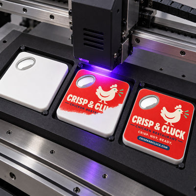 Chicken Restaurant custom logo bottle opener magnet - close-up of the UV printed logo