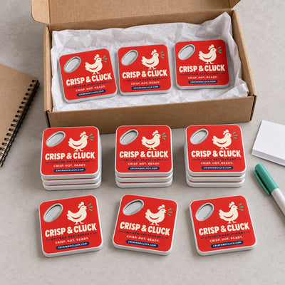 Chicken Restaurant custom logo bottle opener magnet - bulk order laid out before packing