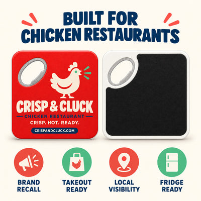 Chicken Restaurant custom logo bottle opener magnet - front and back of the opener magnet
