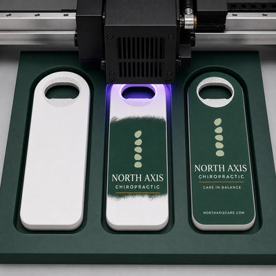 Chiropractic Clinic custom logo bottle opener magnet - close-up of the UV printed logo