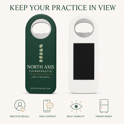 Chiropractic Clinic custom logo bottle opener magnet - front and back of the opener magnet