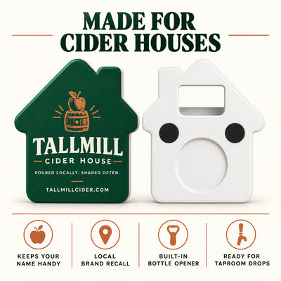 Cider House custom logo bottle opener magnet - front and back of the opener magnet