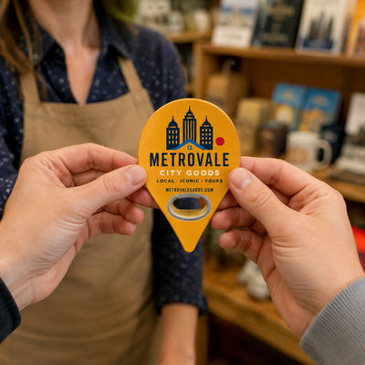 City Souvenir custom logo bottle opener magnet - handed to a customer