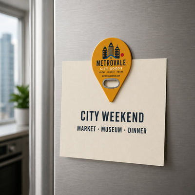 City Souvenir custom logo bottle opener magnet - held on a refrigerator door by its magnetic back