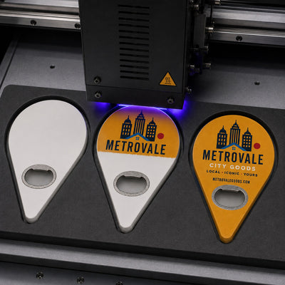 City Souvenir custom logo bottle opener magnet - close-up of the UV printed logo