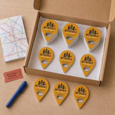City Souvenir custom logo bottle opener magnet - bulk order laid out before packing