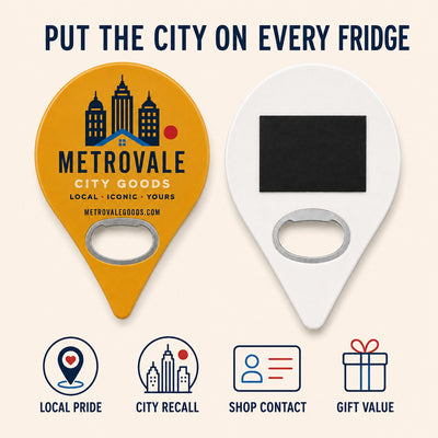 City Souvenir custom logo bottle opener magnet - front and back of the opener magnet