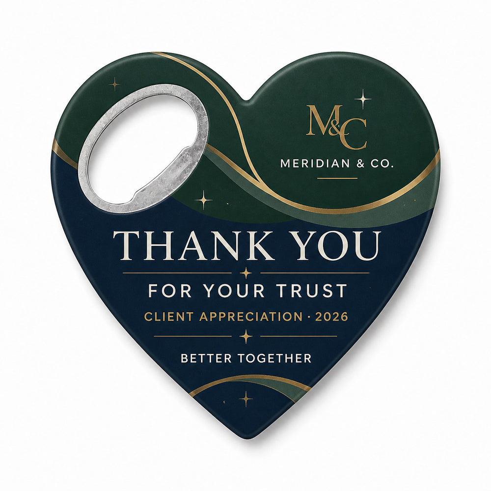 Client Thank You custom logo bottle opener magnet - front view of the printed promotional magnet