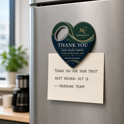 Client Thank You custom logo bottle opener magnet - held on a refrigerator door by its magnetic back
