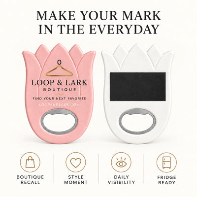 Clothing Boutique custom logo bottle opener magnet - front and back of the opener magnet