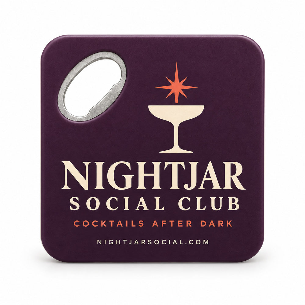 Cocktail Bar custom logo bottle opener magnet - front view of the printed promotional magnet