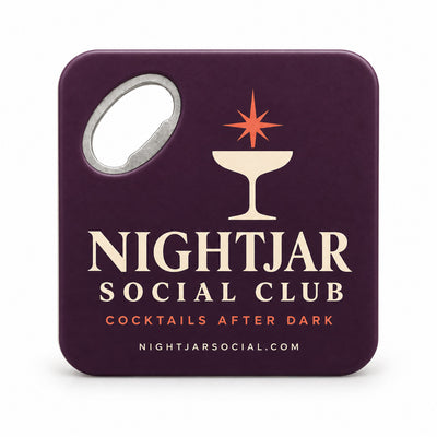 Cocktail Bar custom logo bottle opener magnet - front view of the printed promotional magnet