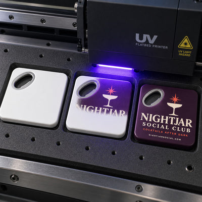 Cocktail Bar custom logo bottle opener magnet - close-up of the UV printed logo