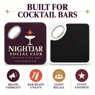 Cocktail Bar custom logo bottle opener magnet - front and back of the opener magnet