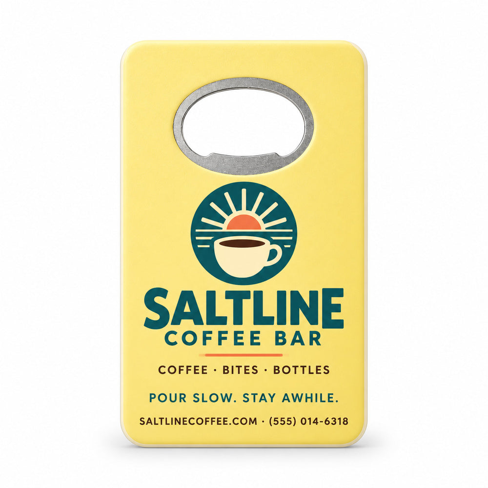Coffee Shop custom logo bottle opener magnet - front view of the printed promotional magnet