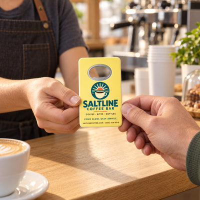 Coffee Shop custom logo bottle opener magnet - handed to a customer