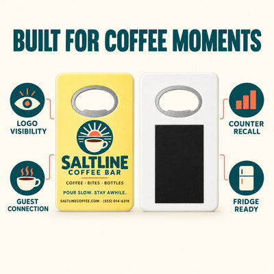 Coffee Shop custom logo bottle opener magnet - front and back of the opener magnet