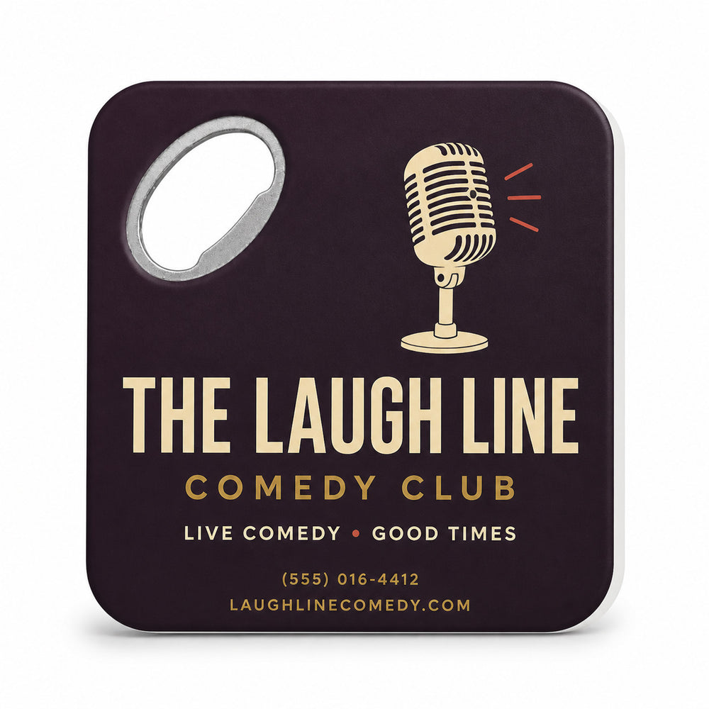 Comedy Club custom logo bottle opener magnet - front view of the printed promotional magnet