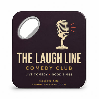 Comedy Club custom logo bottle opener magnet - front view of the printed promotional magnet