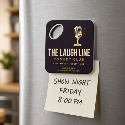 Comedy Club custom logo bottle opener magnet - held on a refrigerator door by its magnetic back