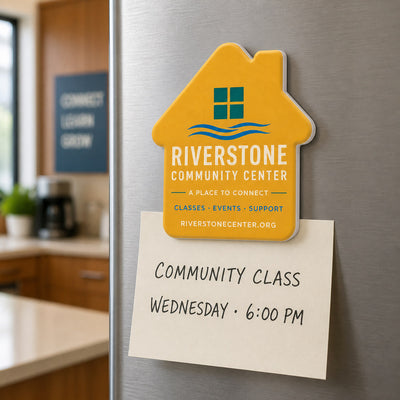 Community Center custom logo bottle opener magnet - kept on a refrigerator door as a reminder