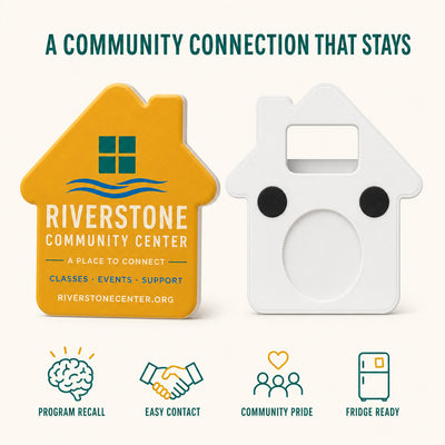Community Center custom logo bottle opener magnet - front and back of the opener magnet