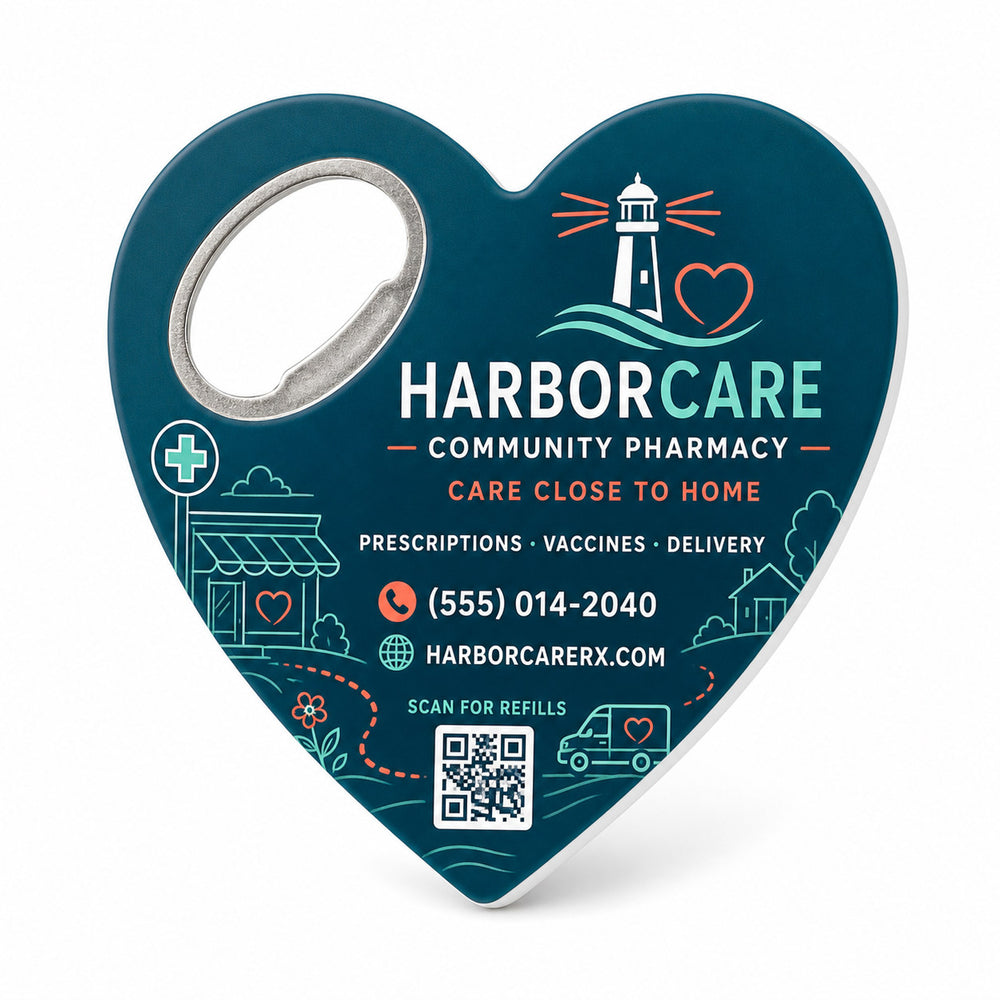 Community Pharmacy custom logo bottle opener magnet - front view of the printed promotional magnet