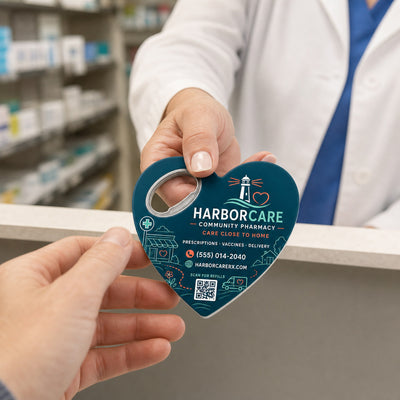 Community Pharmacy custom logo bottle opener magnet - promotional bottle opener magnet
