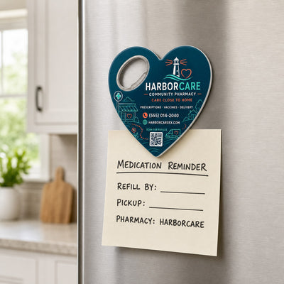 Community Pharmacy custom logo bottle opener magnet - held on a refrigerator door by its magnetic back