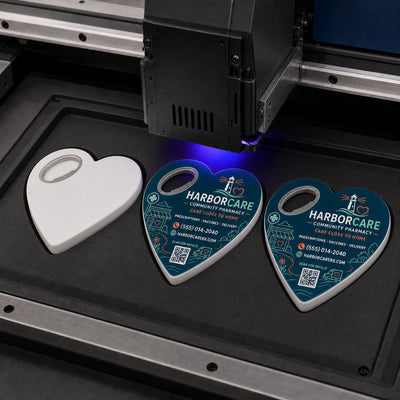 Community Pharmacy custom logo bottle opener magnet - close-up of the UV printed logo